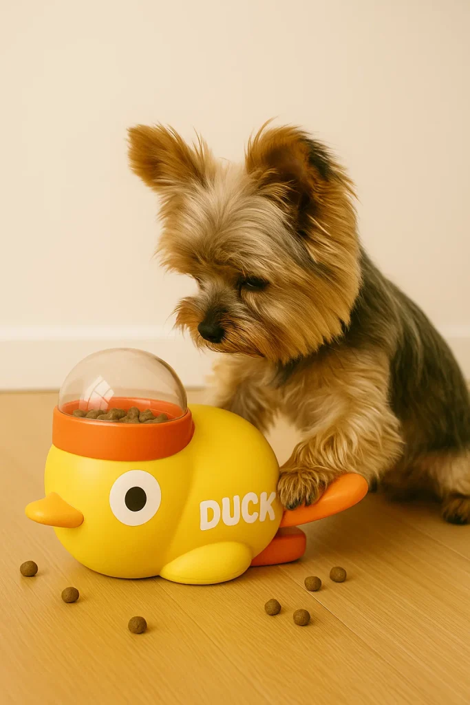 yorkie feeding duck toy