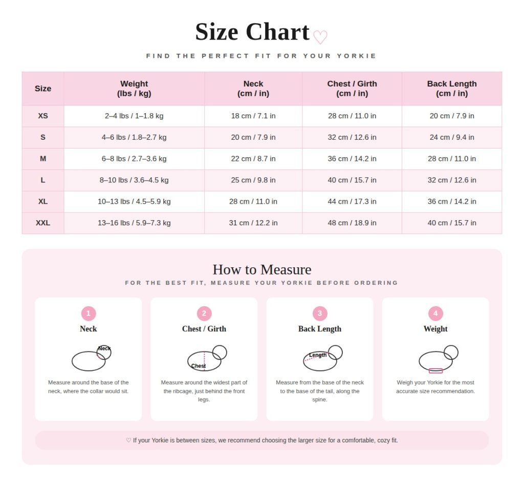 Yorkie Cozy Winter Puffer Jacket size chart - XS to XXL neck, chest and back length measurements