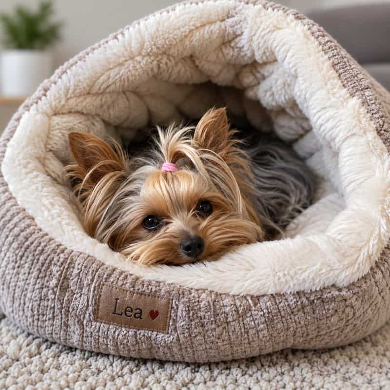 yorkie lea in a cave bed