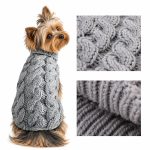 Yorkie wearing the gray soft cable-knit sweater