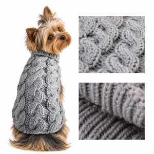 Yorkie wearing the gray soft cable-knit sweater