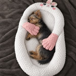Yorkie sleeping in the pink bunny patting bed, hugged by its plush arms
