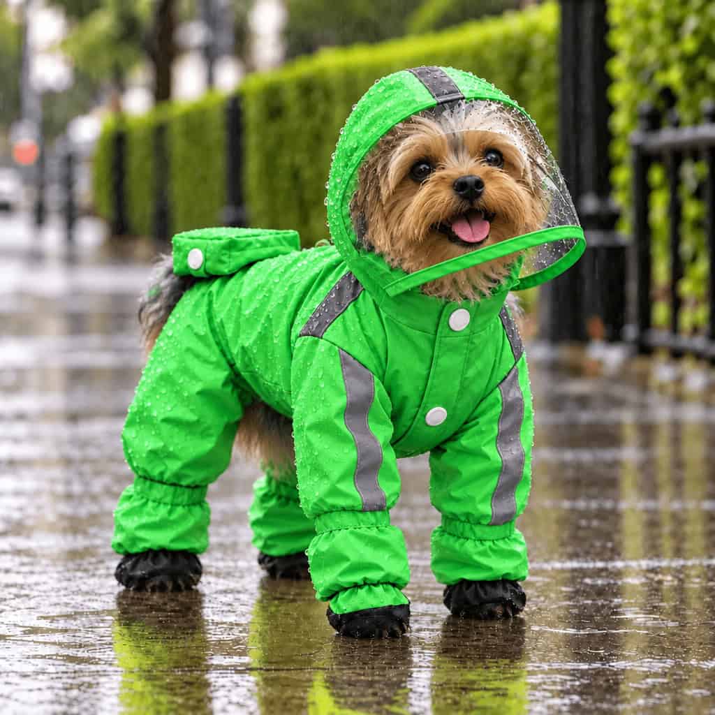 yorkie 4 paw raincoat 1 Yorkie wearing the lime green 4-paw raincoat on a rainy sidewalk