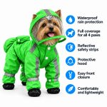 4-paw Yorkie raincoat features: waterproof, full coverage for all 4 paws, reflective strips, hood