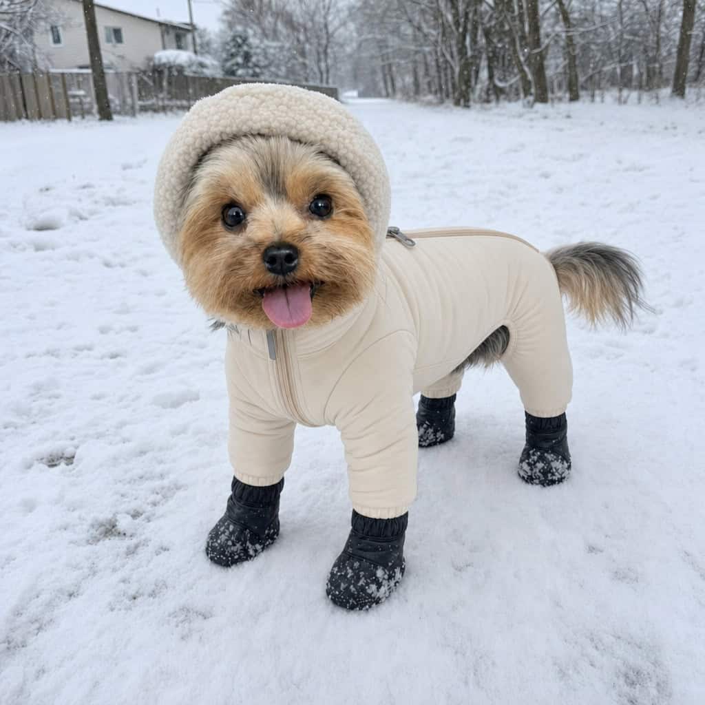 yorkie winter snowsuit 1 Yorkie wearing the cream hooded winter snowsuit with snow boots in the snow