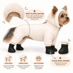Yorkie winter snowsuit features: built-in potty opening and 4 attached snow boots