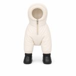 Yorkie winter snowsuit front view with hood and 4 snow boots